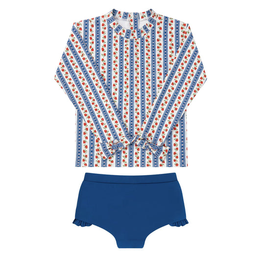Girls' strawberry fields tie knot sleeve rashguard set by Minnow featuring a colorful strawberry pattern and comfortable fabric.