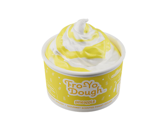 Scentco Fro-Yo Dough in pineapple flavor, individual container with bright yellow dough and playful packaging.