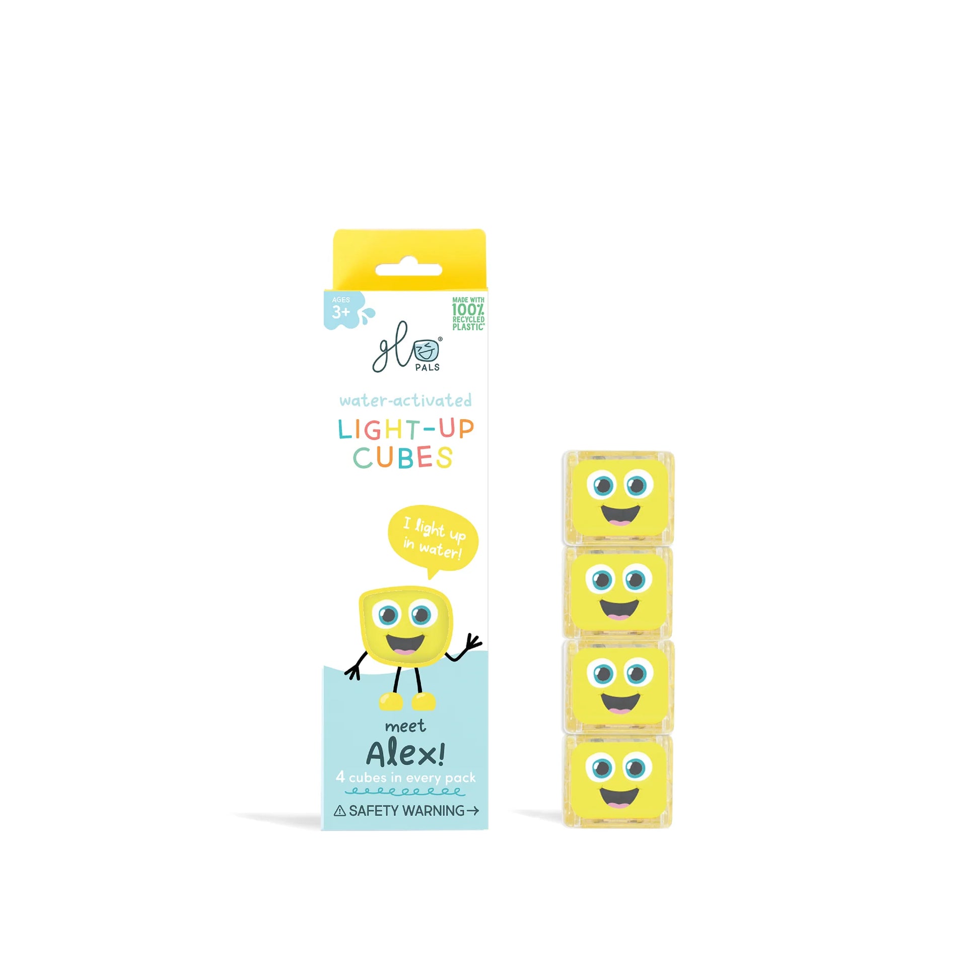 Glo Pals Alex light-up cubes featuring colorful, translucent plastic with fun, cube-shaped designs for kids.