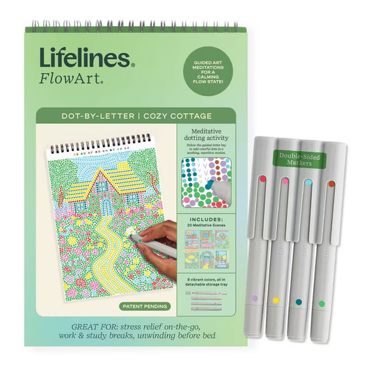 Dot-by-letter craft kit featuring a cozy cottage design by Lifelines, showcasing colorful dots and detailed art supplies.