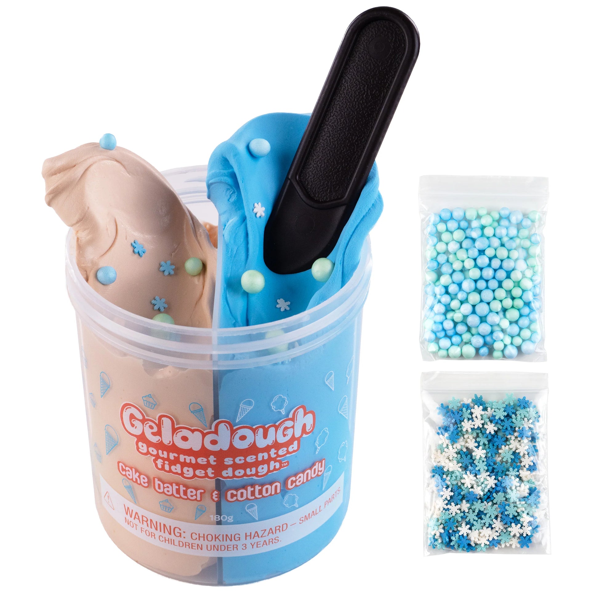 Scentco Geladough cake batter cotton candy scented modeling dough in a colorful container, ideal for creative play and sensory fun.