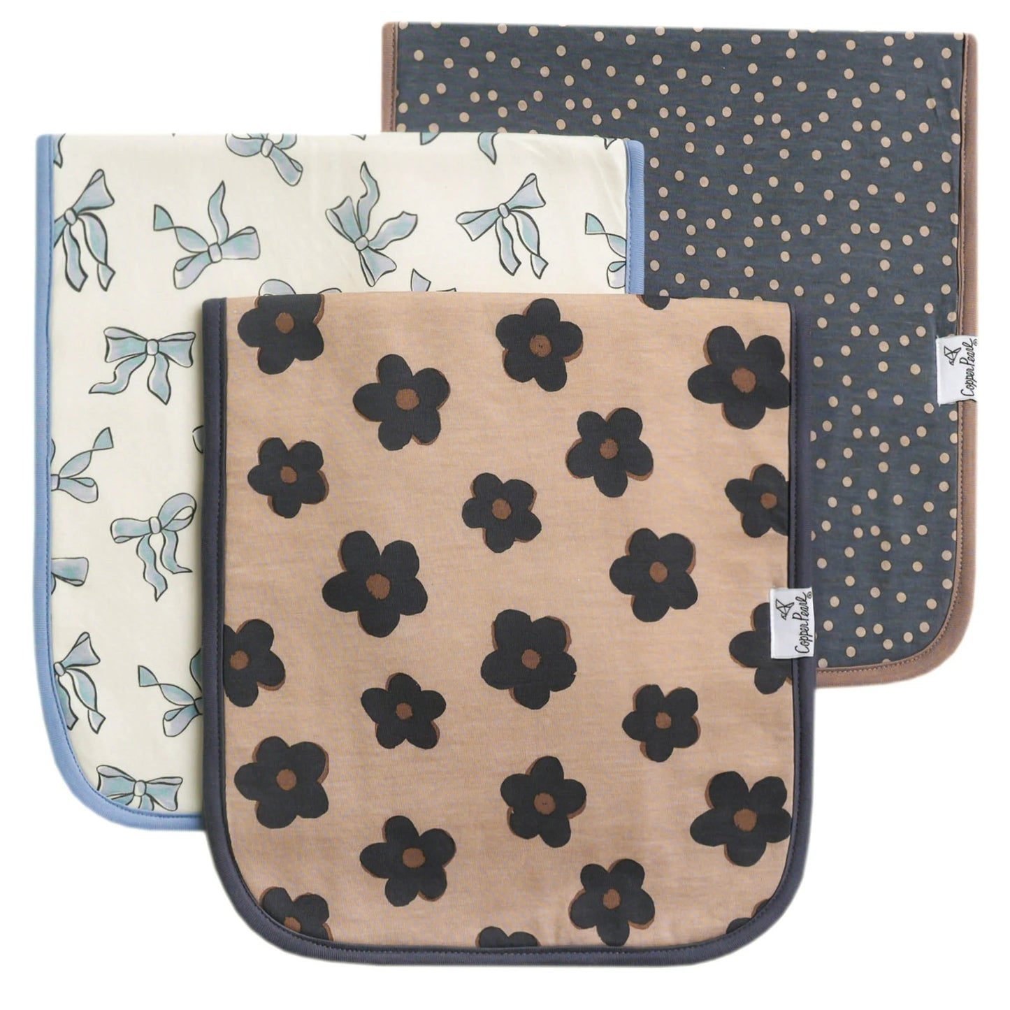 Copper Pearl Gemma burp cloths in tan, soft and absorbent cotton with a stylish pattern for baby feeding and burping comfort.