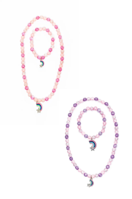 Purple rainbow necklace and bracelet set by Great Pretenders, colorful accessories with rainbow-themed charms and beads.