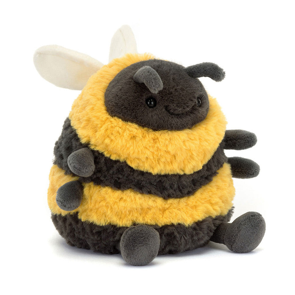 Jellycat Albee Bee plush toy with soft yellow and black striped body, fuzzy wings, and friendly bee face.