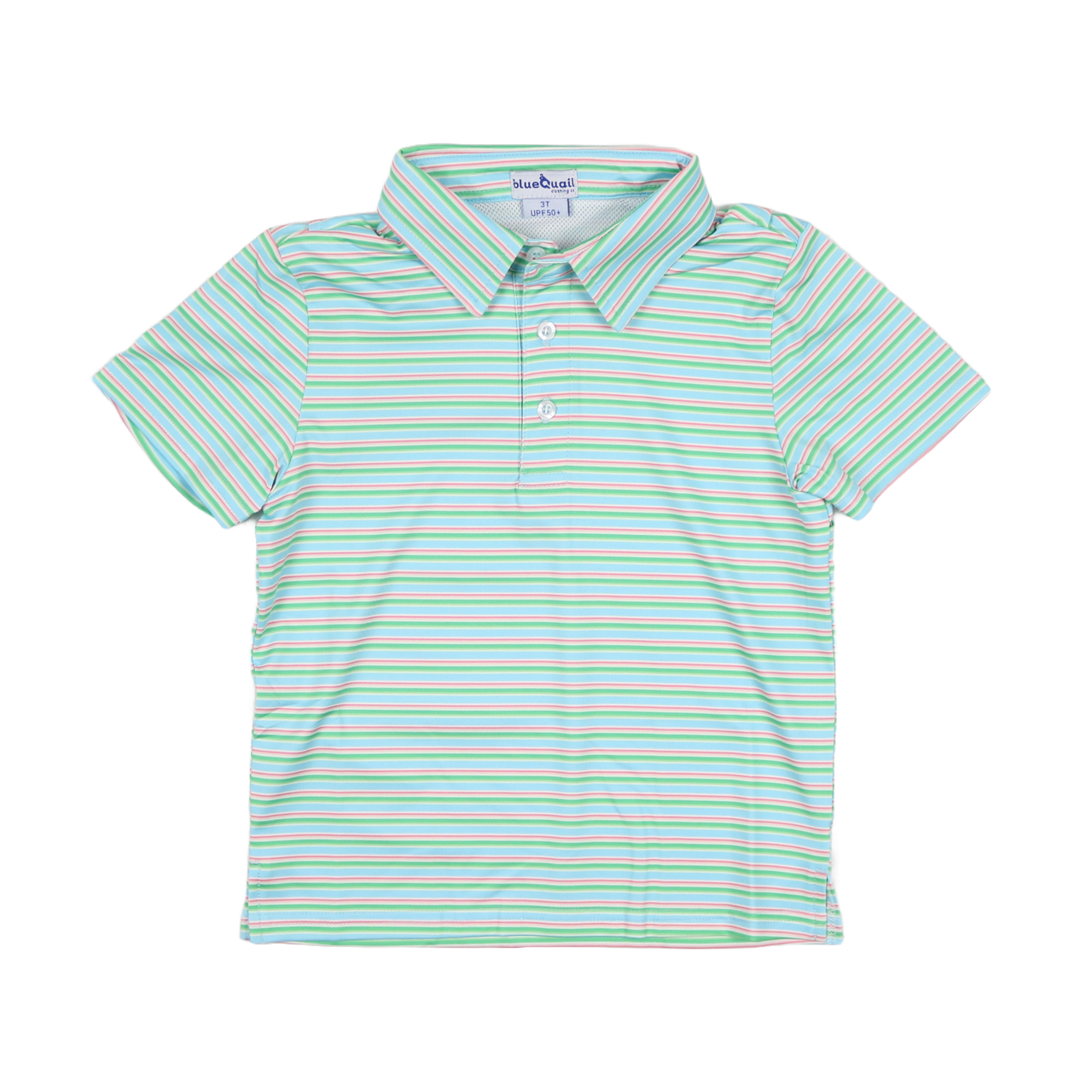 Blue Quail Clothing Co. Sherbet Stripe Polo Short Sleeve Shirt with colorful striped pattern and classic collar.