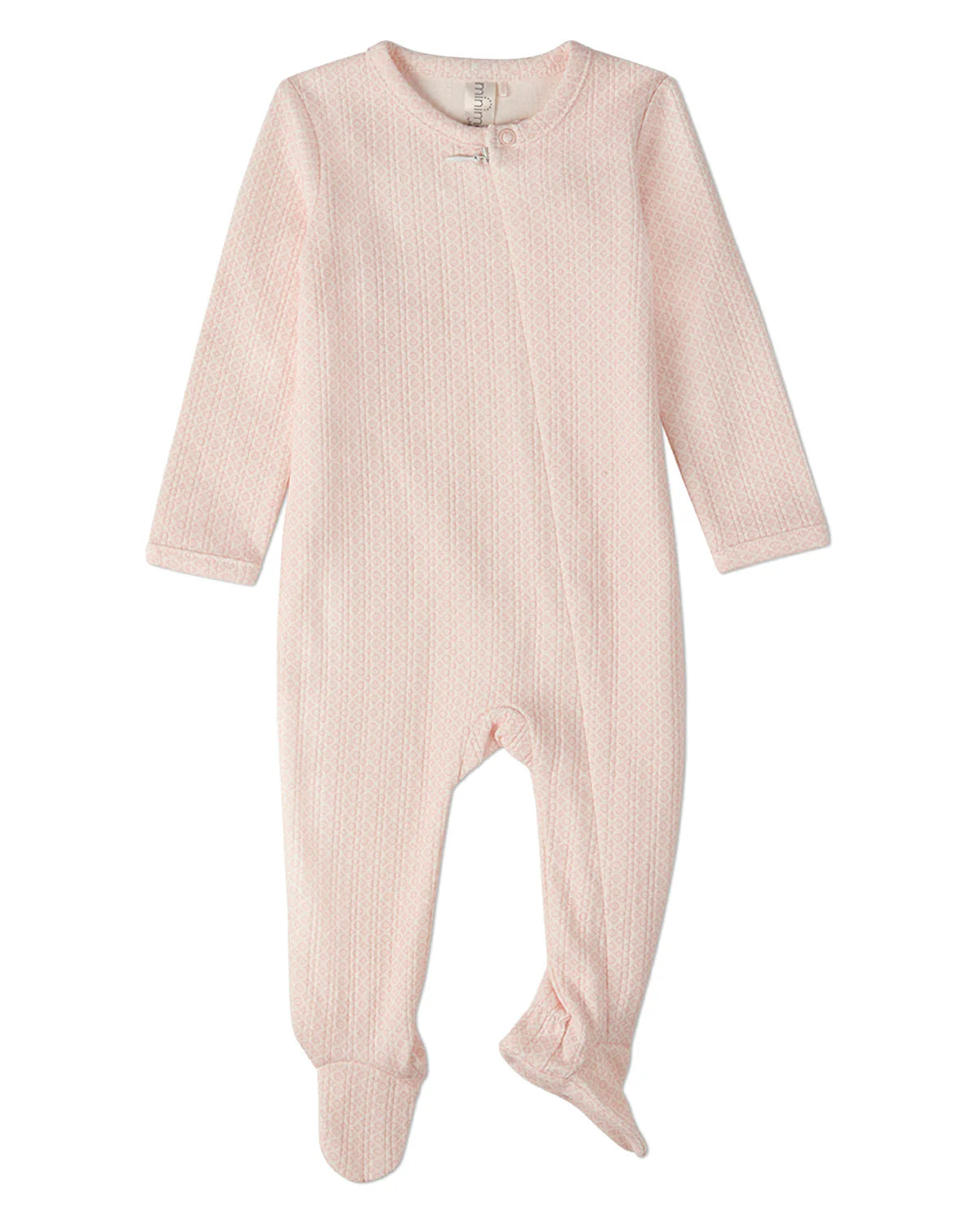 Pink all-over abstract print minimoi footie, soft fabric with a comfortable fit, shown in a close-up image.