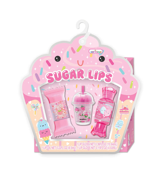 Hot Focus Sugar Crush Sugar Lips lip gloss with a shimmering pink and gold finish, featuring a decorative sugar-shaped cap.