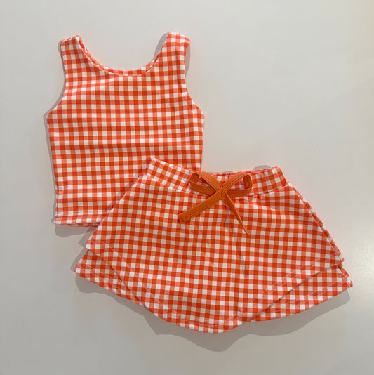 Orange Gingham Sideline Set from Be Girl Clothing featuring a stylish gingham top and matching shorts on a model.