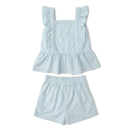 Light blue organic eyelet flutter top and shorts set by MakeMake, featuring airy eyelet fabric and relaxed summer style.
