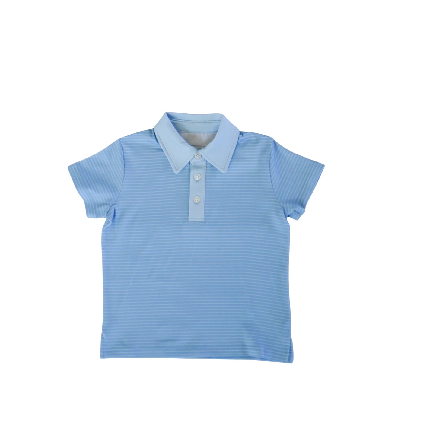 Blue and white striped Trey Polo shirt by Hollis Baker, showing a close-up of the fabric and collar detail.