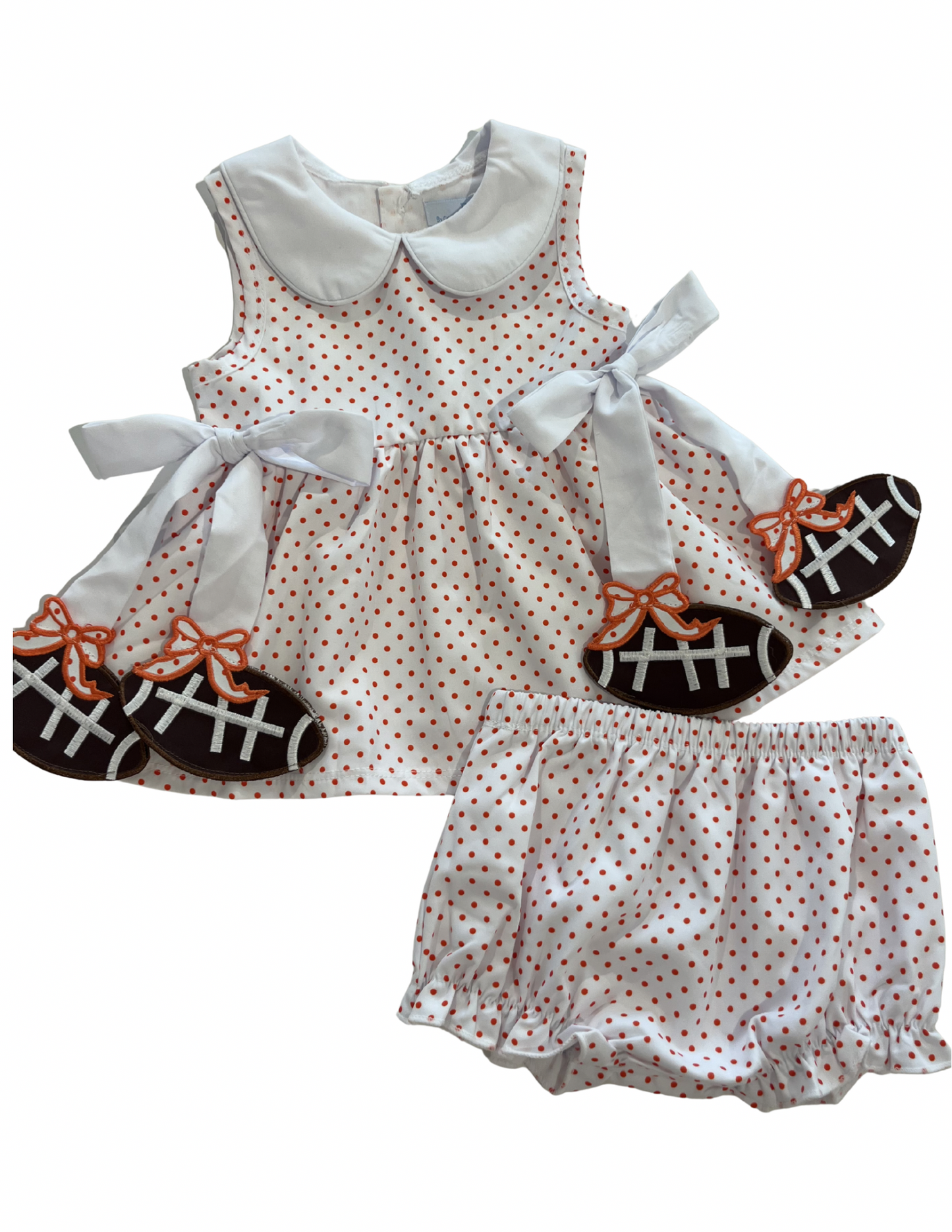 Orange football-themed bloomer set for children, featuring playful print and comfortable fabric, ideal for casual or active wear.