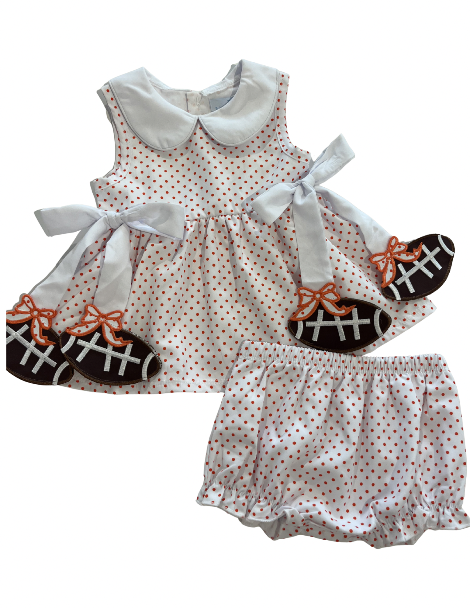 Orange football-themed bloomer set for children, featuring playful print and comfortable fabric, ideal for casual or active wear.
