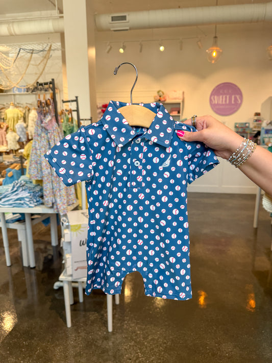 Navy Baseball Print Banks Performance Polo Romper