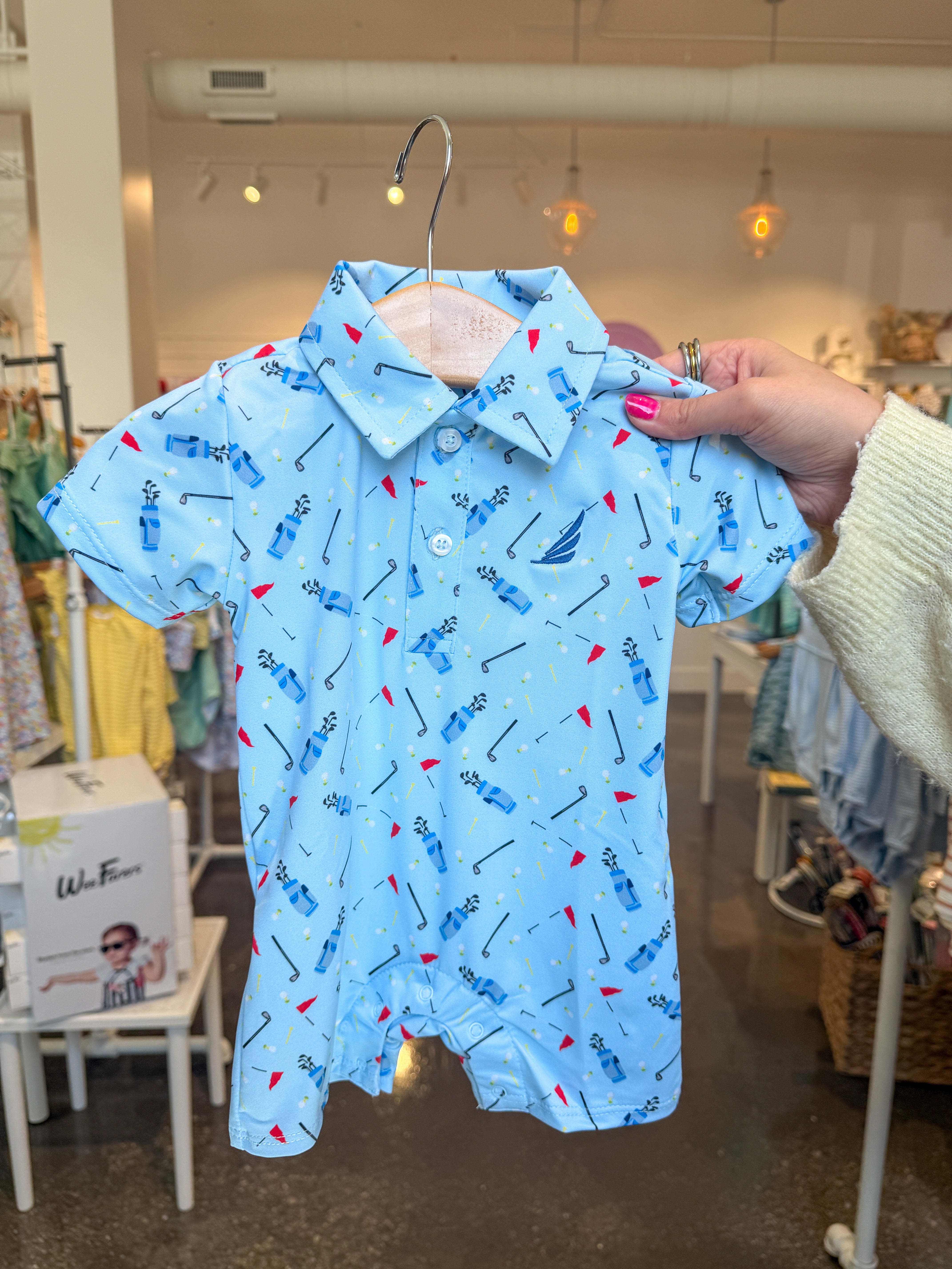 Blue Golf Bag Print Banks Performance Polo Romper - Sweet E's Children ...