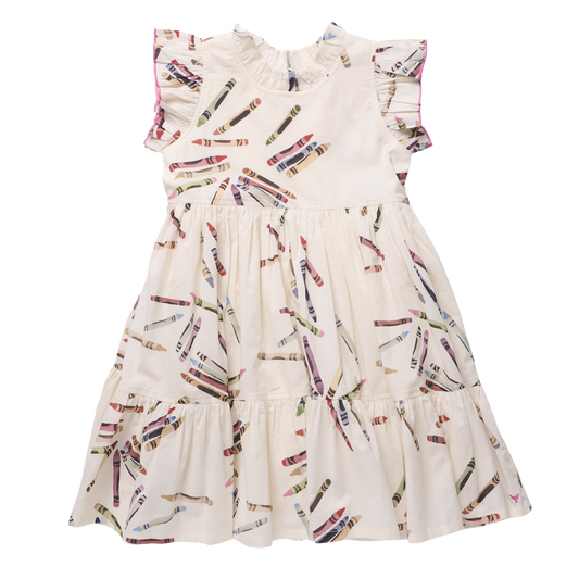 Pink Chicken Tossed Crayons Jennifer Dress, lightweight cotton dress with colorful crayon print for girls.