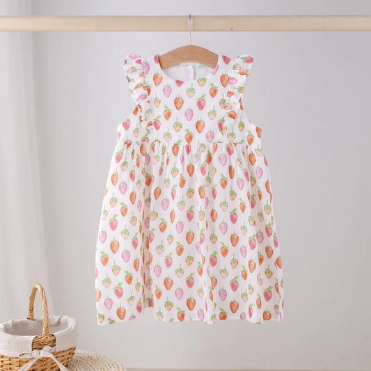 Nola Tawk Berry Cute Organic Muslin Dress for babies, soft pastel pink with floral print and ruffled sleeves, front view.