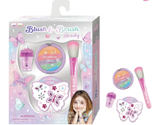 Tie dye butterfly blush and brush beauty set by Hot Focus, featuring colorful butterfly design on blush and matching makeup brush.