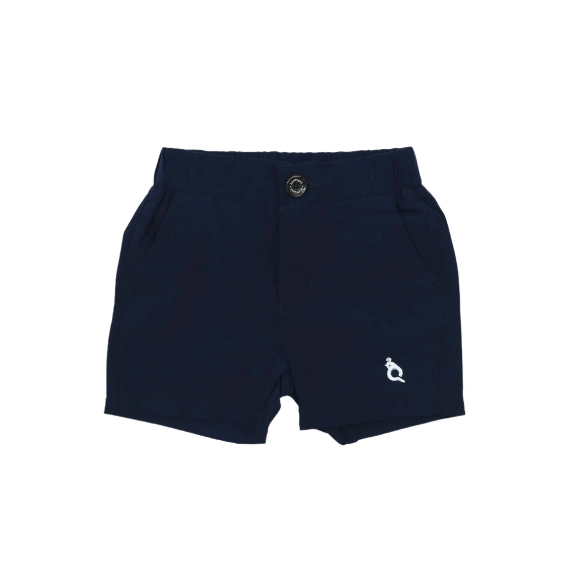True navy shorts by Blue Quail Clothing Co. displayed on a hanger, showcasing the casual fit and durable fabric.