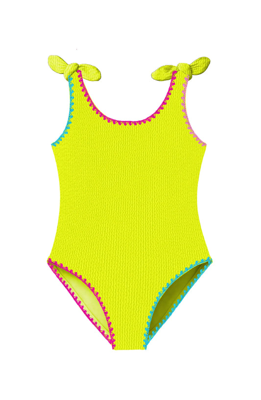 Embroidered Lime Kaya Crinkle Bow Tie One Piece