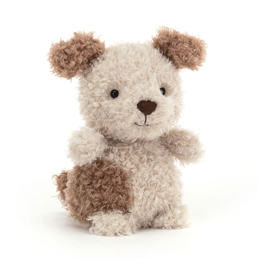 Soft plush Jellycat Little Pup toy with floppy ears and gentle features, perfect for cuddling and play.