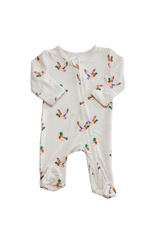 Caden Lane Little Mallard bamboo zipper footie for babies, featuring cute mallard duck print and soft bamboo fabric.