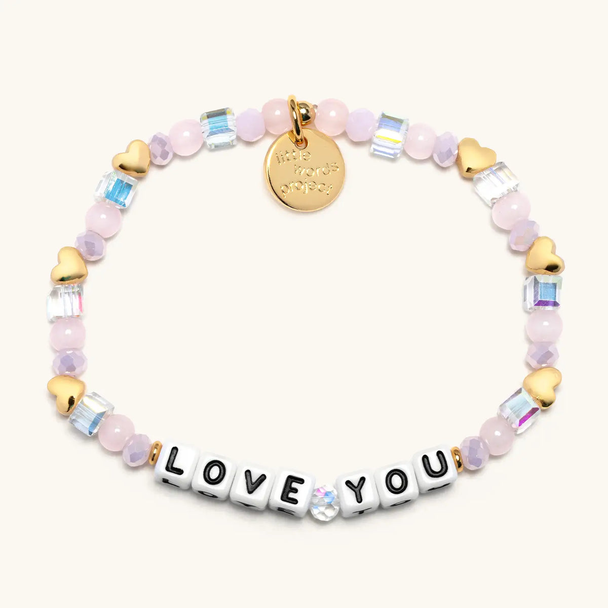 Little Words Project bracelet with "Love You" message on a chalkboard-style background, featuring a silver chain and charm.