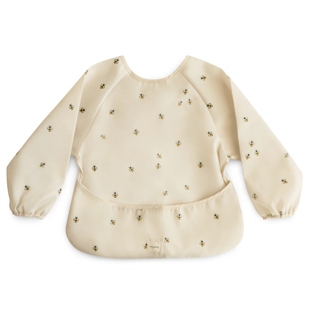 Mushie long sleeve bib with bee pattern, soft fabric, and adjustable neck, designed to protect baby's clothes during meals.