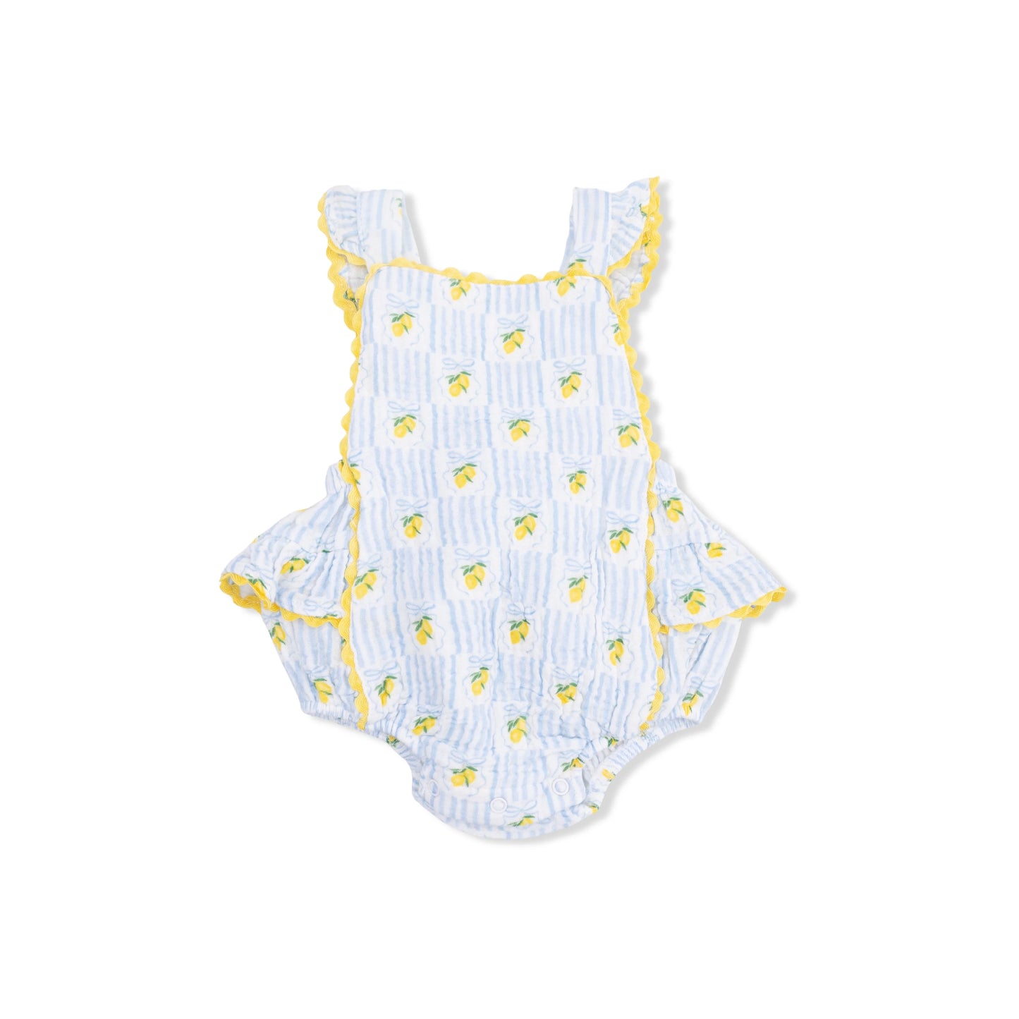 Angel Dear Lovely Lemons Ric Rac Ruffle Sunsuit for babies, featuring bright lemon print and adorable ruffle details.