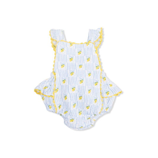 Angel Dear Lovely Lemons Ric Rac Ruffle Sunsuit for babies, featuring bright lemon print and adorable ruffle details.