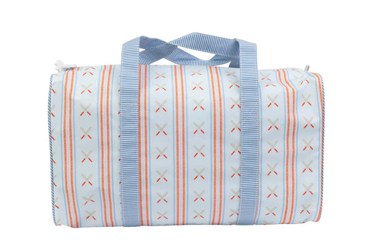 Apple of My Isla baseball-themed duffle bag featuring sturdy handles and spacious interior for travel and gym use.