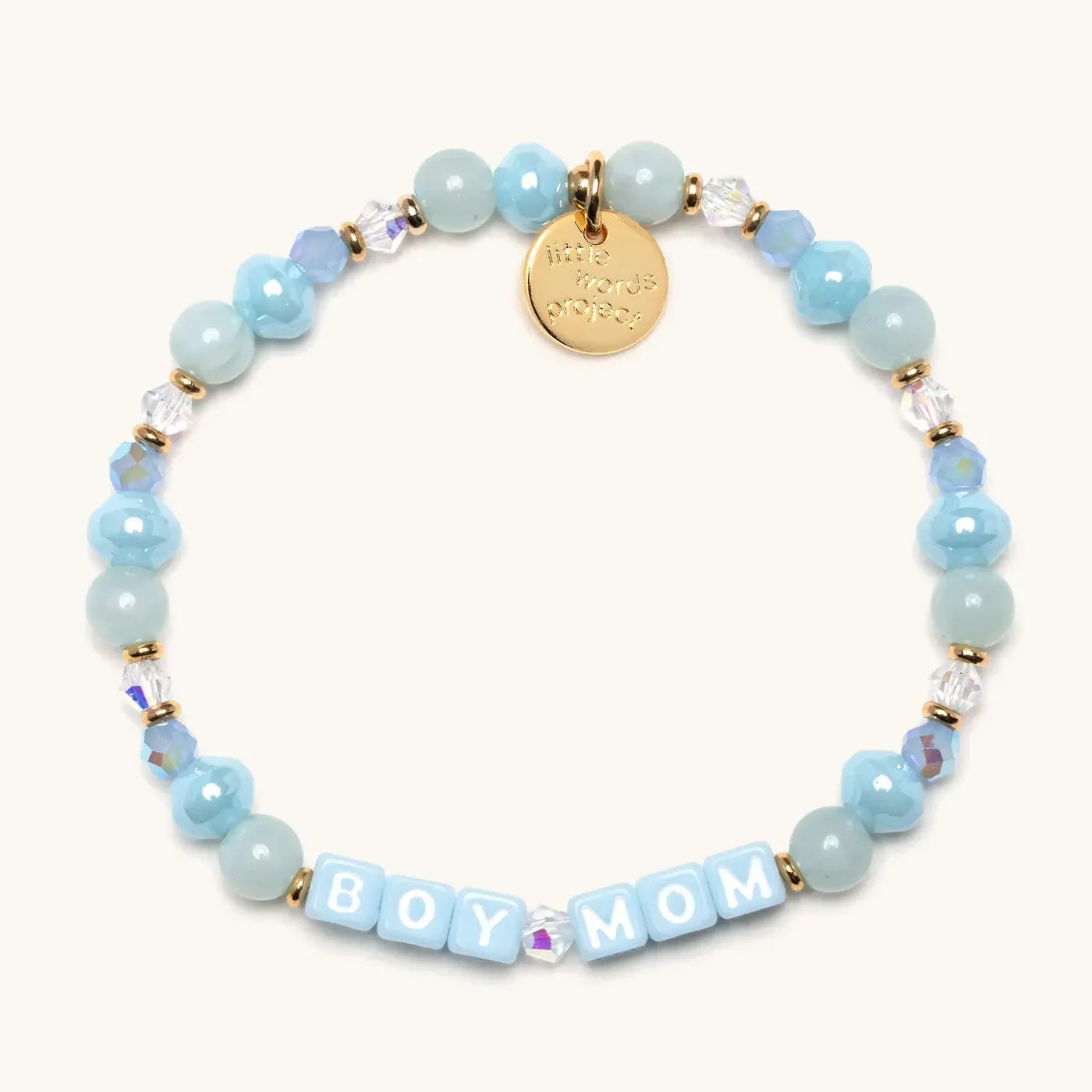 Little Words Project bracelet with "MD26BoyMom" engraved, featuring a silver charm on a delicate chain, symbolizing a proud mom.