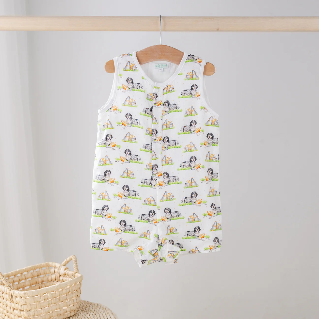 Nola Tawk Mascot Mania Tennessee organic muslin shortall featuring playful mascot design for infants and toddlers.