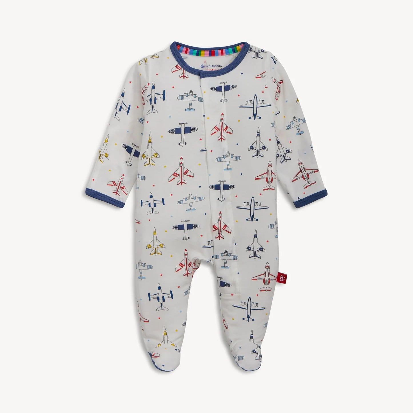 Magnetic Me Just Plane Fun modal magnetic footie for babies, featuring playful airplane prints and soft fabric.