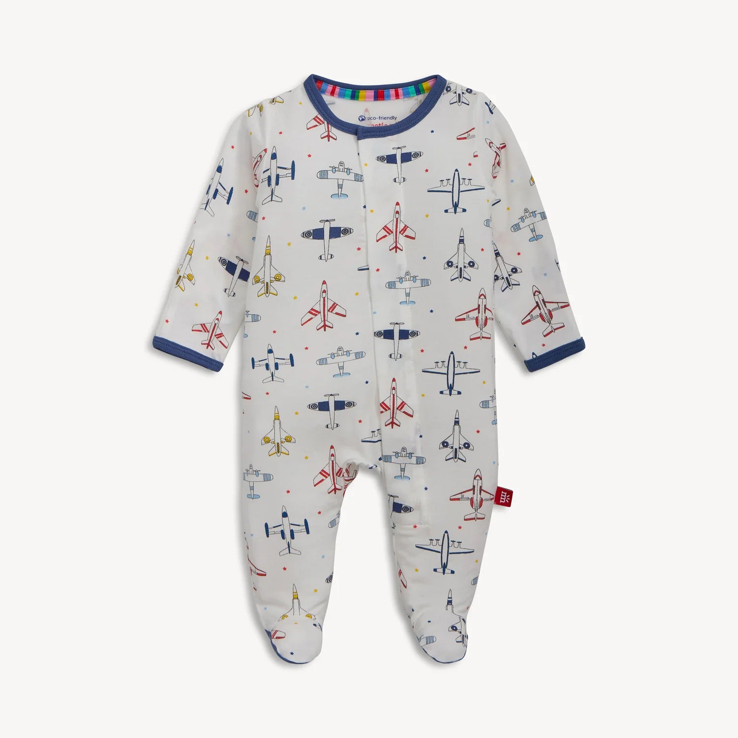 Magnetic Me Just Plane Fun modal magnetic footie for babies, featuring playful airplane prints and soft fabric.
