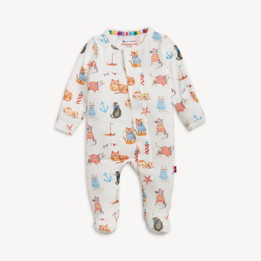 Magnetic Me Yachty Pawty modal magnetic footie for infants with playful sailboat print and easy magnetic closure.