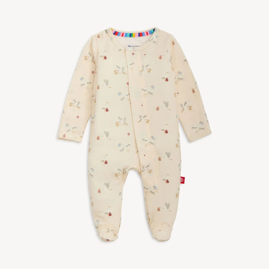 Magnetic Me Special Delivery Modal Magnetic Footie in soft fabric with playful print, ideal for easy baby dressing and comfort.