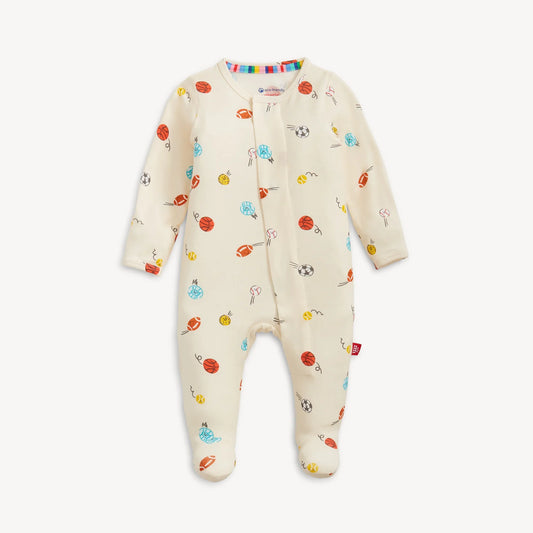 Little Baller Modal Magnetic Footie by Magnetic Me, soft pink baby onesie with magnetic closures, featuring ballet-inspired design.