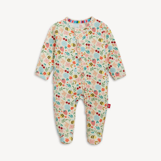 Magnetic Me Honey Blossom Modal magnetic footie with ruffle detail, designed for babies, featuring soft, breathable fabric and easy magnetic closures.