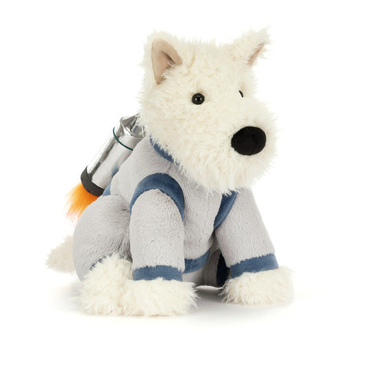 Jellycat Munro Scottie Dog space outfit featuring a plush Scottie dog costume with space-themed details.
