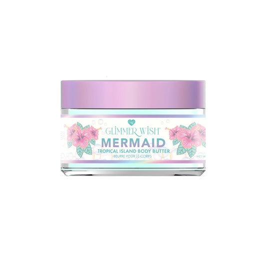 Mermaid-themed whipped body butter in a jar, featuring shimmering, ocean-inspired packaging from Sweet E's Children's Boutique.