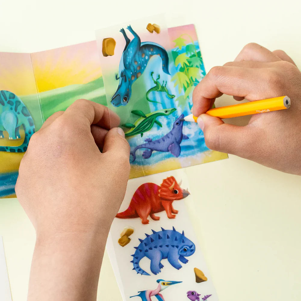 Colorful dinosaur mini transfer sticker sheet by Tiger Tribe featuring various prehistoric dinosaur designs for kids' crafts.