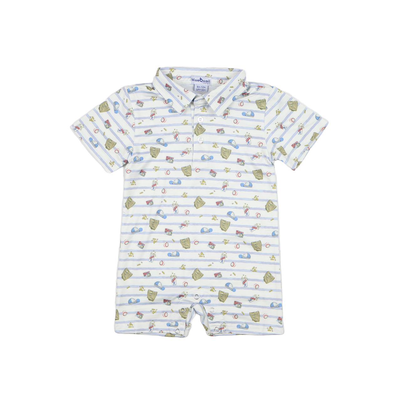Blue Quail Clothing Co. 7th Inning Stretch Polo Short Sleeve Romper featuring a polo collar and casual design for kids.
