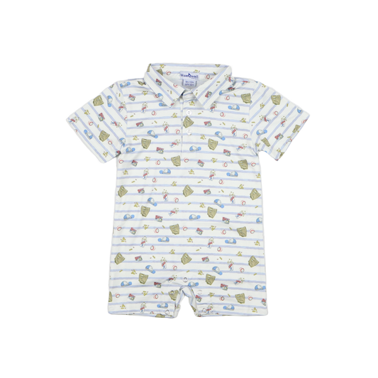 Blue Quail Clothing Co. 7th Inning Stretch Polo Short Sleeve Romper, featuring a classic polo style with short sleeves and comfortable fit.