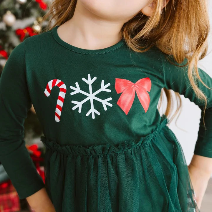 Emerald Candy Cane Sequin Christmas Long Sleeve Tutu Dress