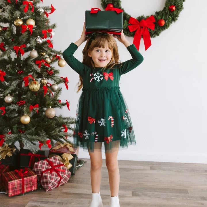 Emerald Candy Cane Sequin Christmas Long Sleeve Tutu Dress