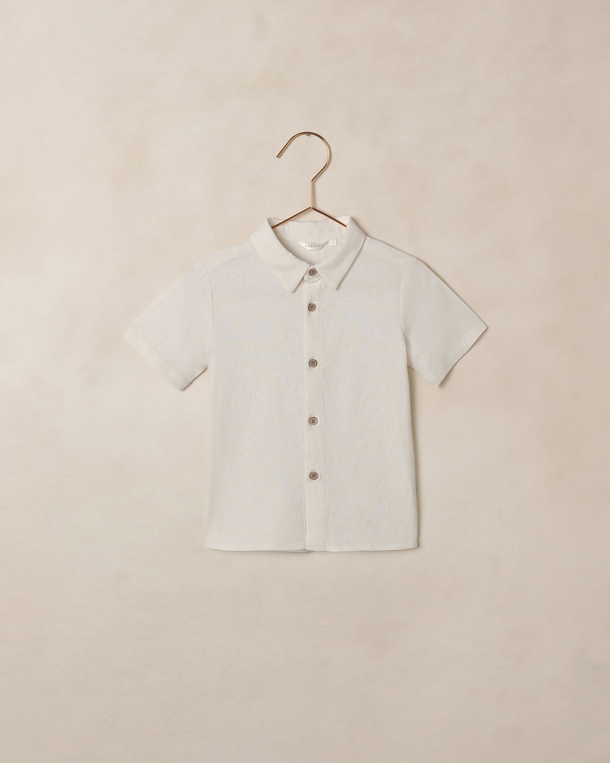 Noralee Ivory Atlas Shirt, front view showing lightweight fabric and classic collar on a casual button-up shirt.
