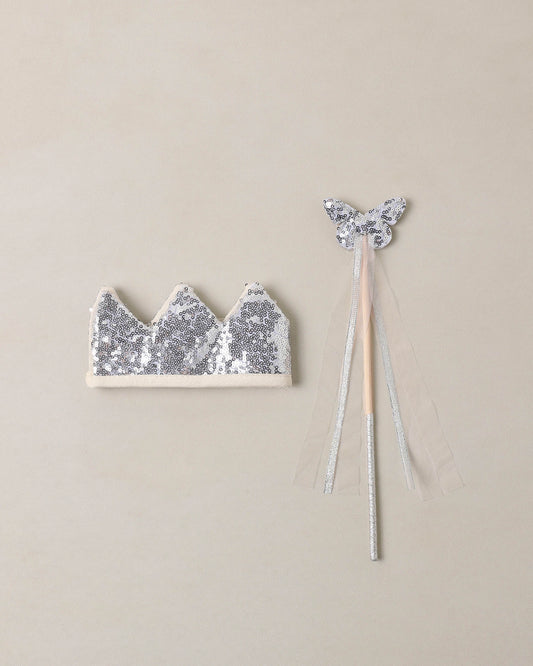 Silver sequin crown and wand set by Noralee, featuring sparkling sequins and elegant design for costume or dress-up use.
