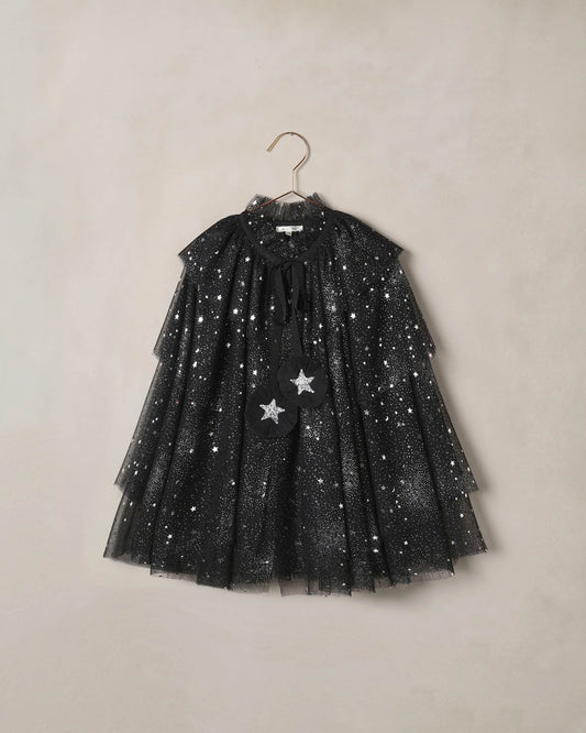 Black tulle cape by Noralee featuring delicate sheer fabric and elegant drape, perfect for formal or costume wear.