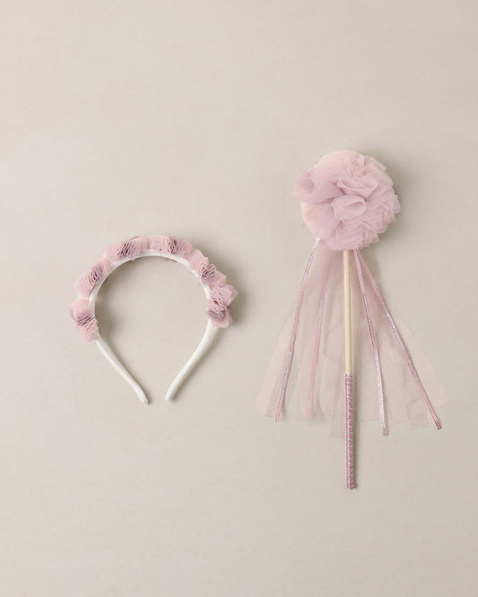 Noralee Sugar Plum Pom Pom Crown and Wand set with pink and purple pom poms, perfect for dress-up and imaginative play.