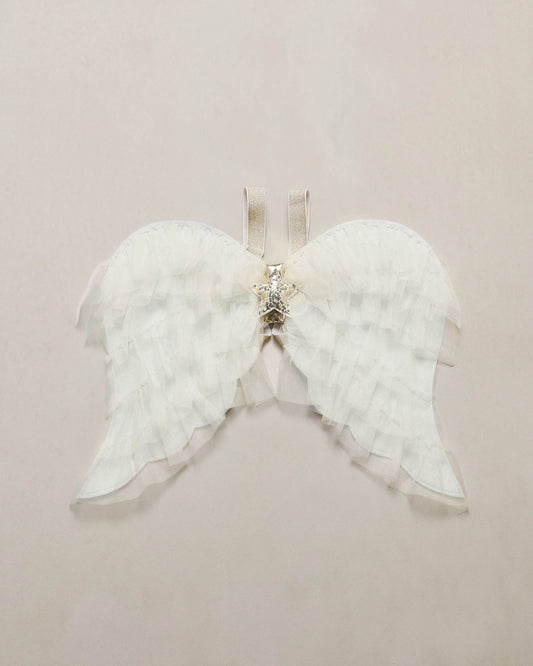 Ivory shimmer angel wings by Noralee with detailed feather design for costume or decorative use.